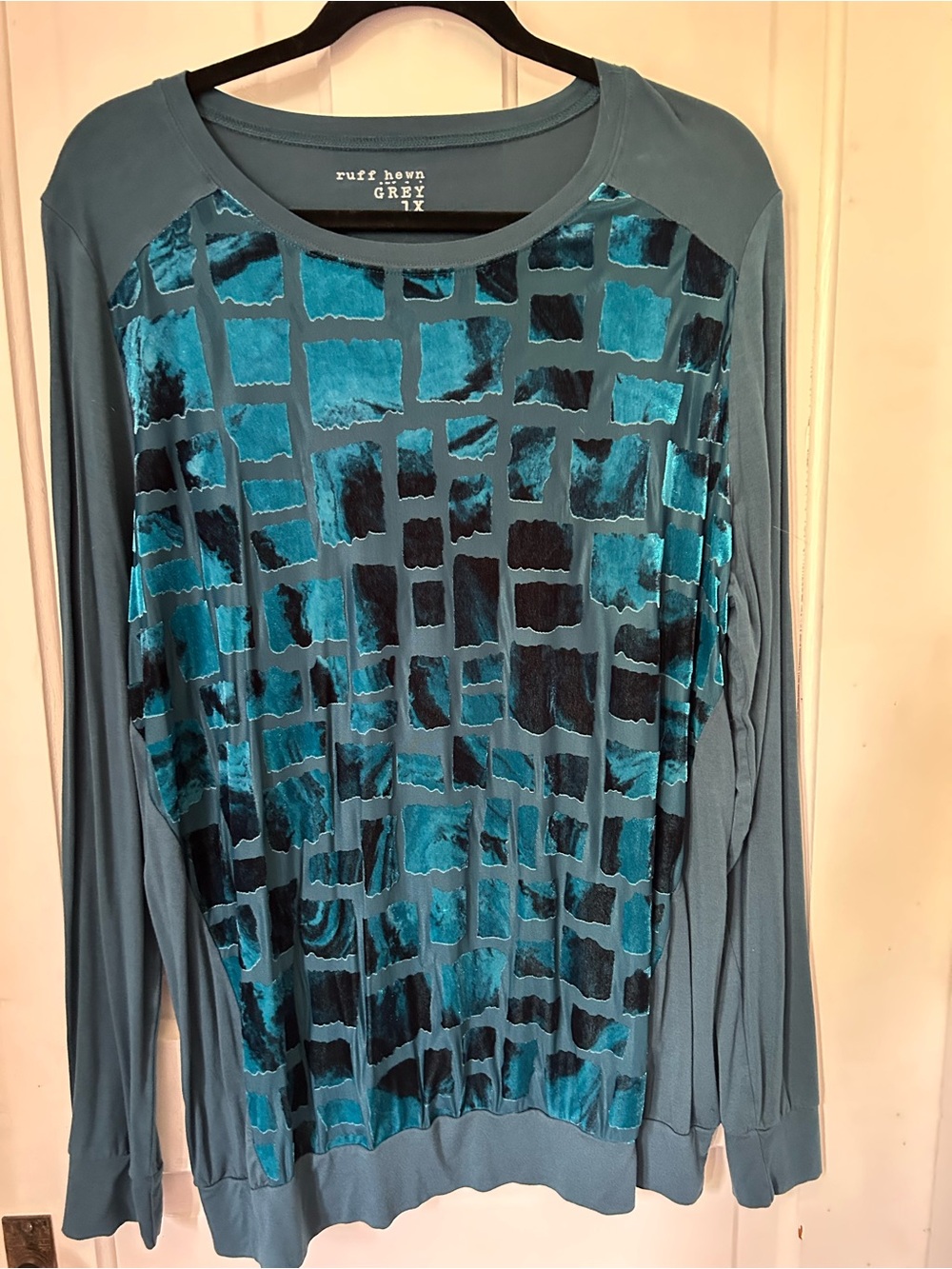 Ruff Hewn Grey- Teal Velvet Mosaic Long Sleeve Top 1X